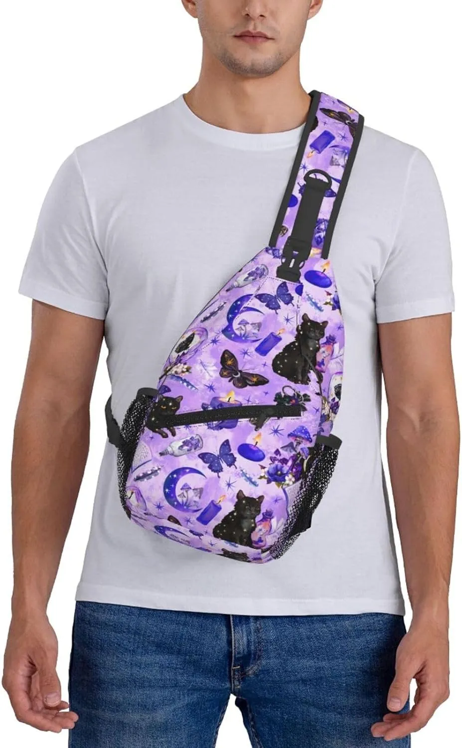 Chest Bag for Men Women for Witchy Witch Goth Black Cat Mushroom Sling Shoulder Backpack Large Capacity Crossbody with Adjustable Shoulder Strap