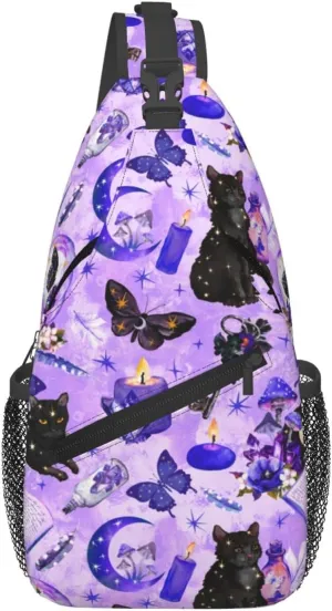 Chest Bag for Men Women for Witchy Witch Goth Black Cat Mushroom Sling Shoulder Backpack Large Capacity Crossbody with Adjustable Shoulder Strap
