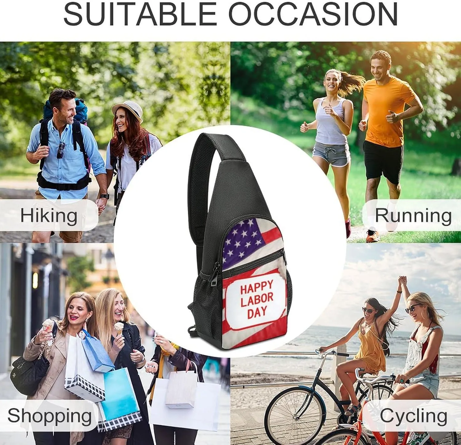 Chest Bag Sling Bag for Men Women Happy Labor Day Sport Sling Backpack Lightweight Shoulder Bag for Travel