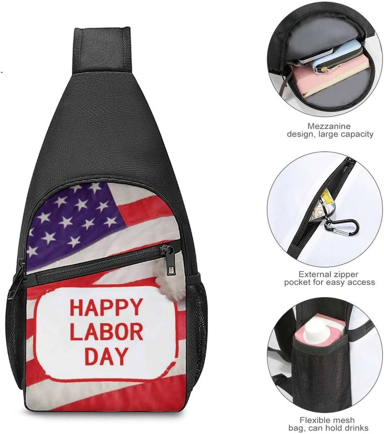 Chest Bag Sling Bag for Men Women Happy Labor Day Sport Sling Backpack Lightweight Shoulder Bag for Travel
