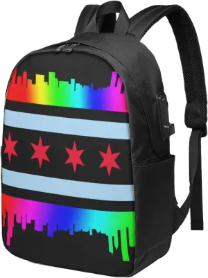 Chicago Gay LGBT Pride Rainbow Flags Laptop Backpacks Travel Backpack Casual Business Daypack Sport Rucksack Computer Bag Fits up to 17 Inch Notebook with USB Port
