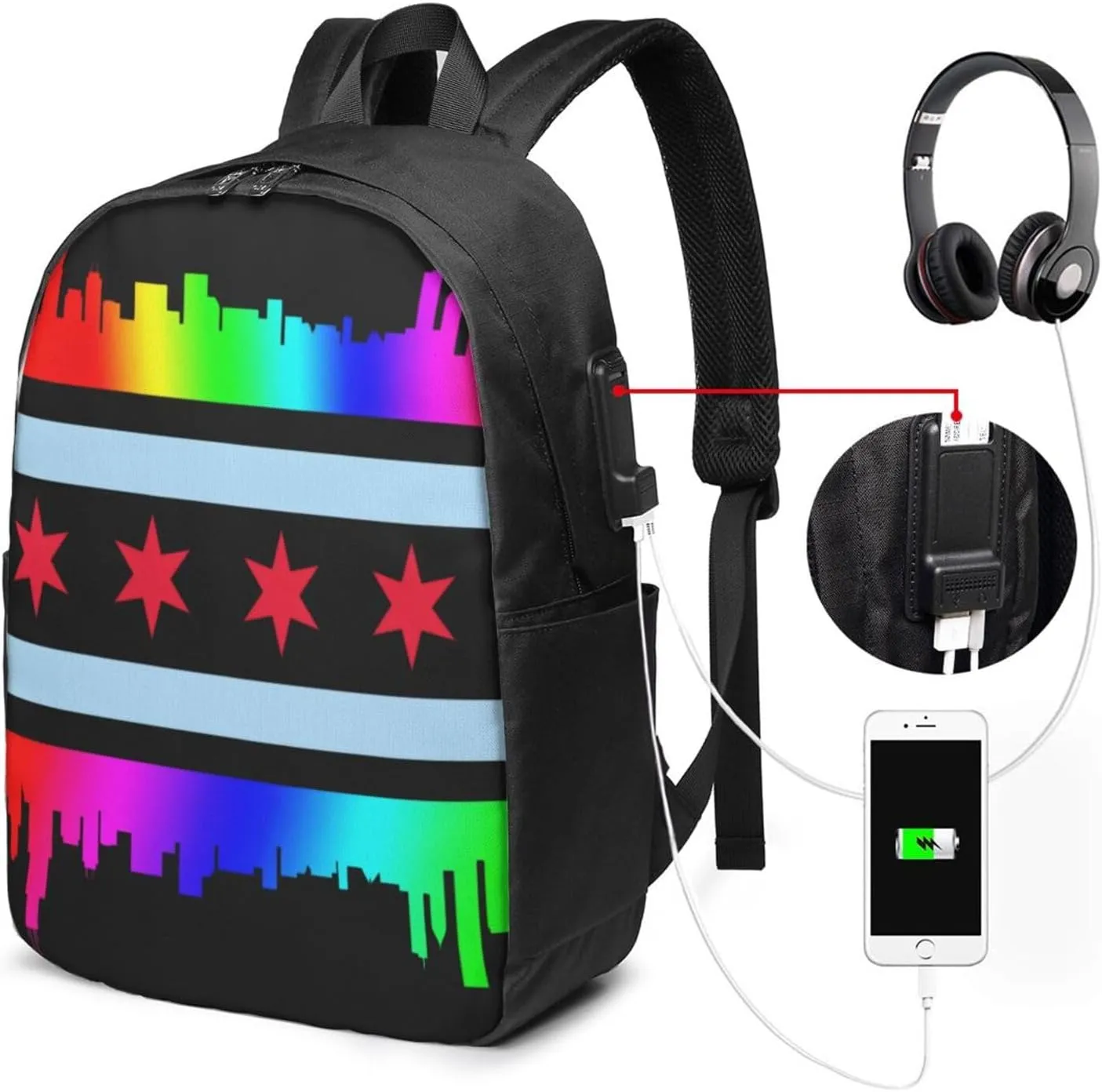 Chicago Gay LGBT Pride Rainbow Flags Laptop Backpacks Travel Backpack Casual Business Daypack Sport Rucksack Computer Bag Fits up to 17 Inch Notebook with USB Port