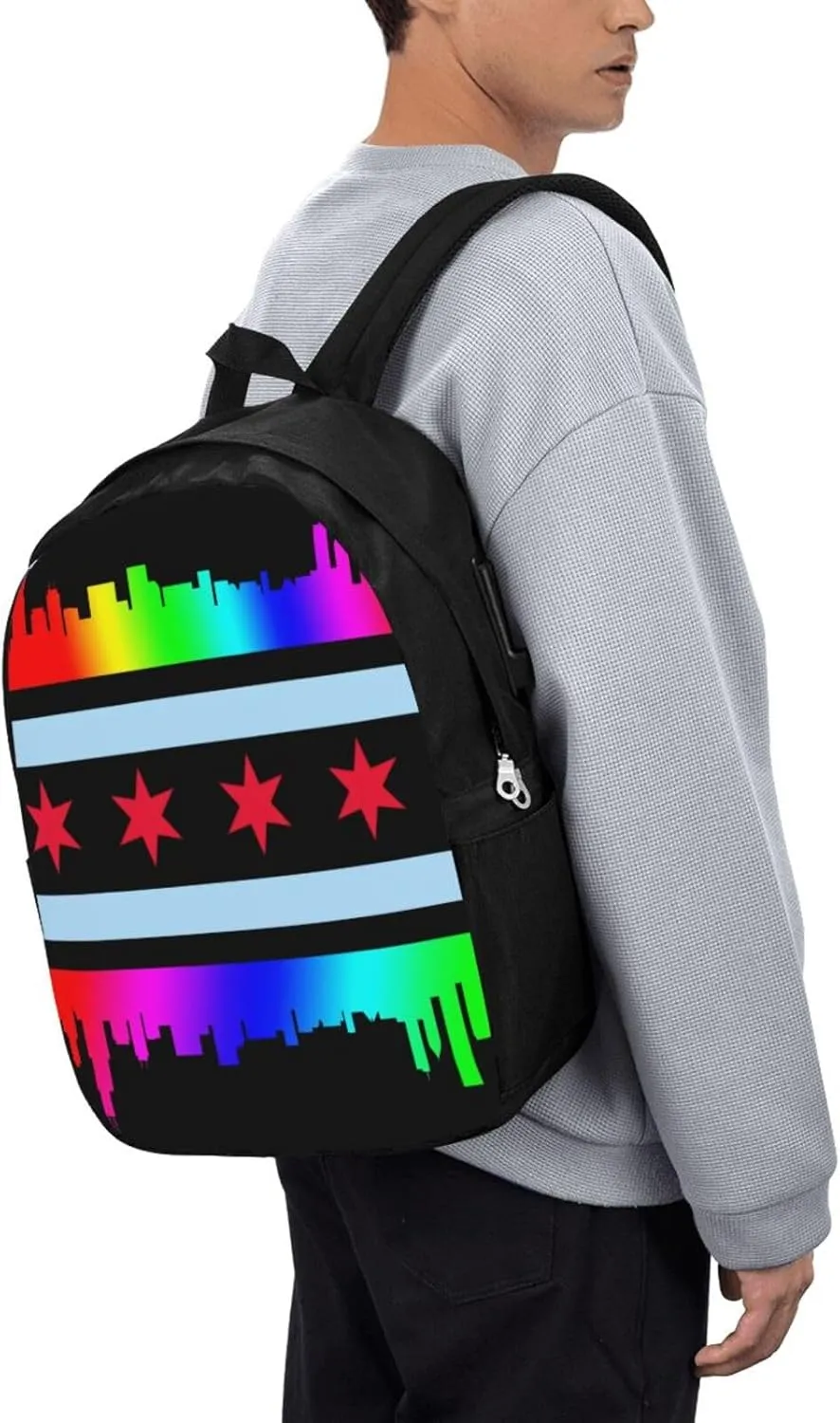 Chicago Gay LGBT Pride Rainbow Flags Laptop Backpacks Travel Backpack Casual Business Daypack Sport Rucksack Computer Bag Fits up to 17 Inch Notebook with USB Port