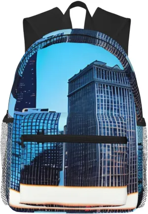 Chicago Reflect Print Adults Casual Travel Zipper Bookbag Polyester Travel Daypack Bag Multiple Pockets