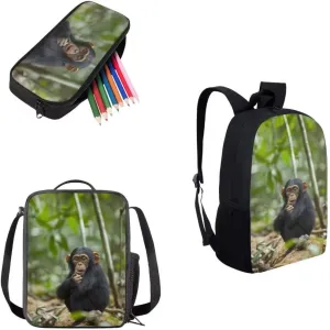 Chimpanzee Lightweight Travel School Backpack Set with Lunch Bag and Pencil Case for Girls Teens Kids