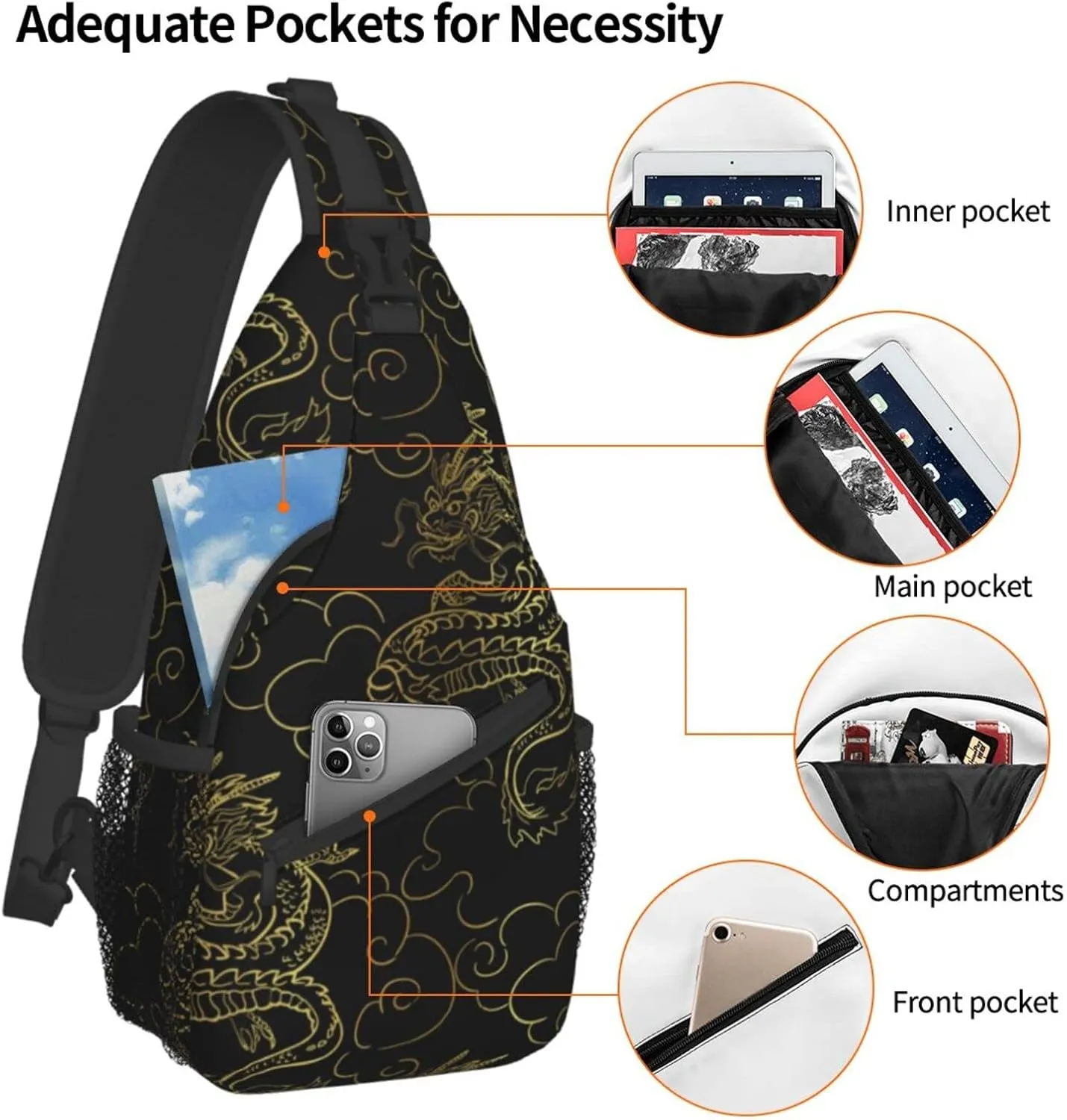 Chinese Dragon Pattern Sling Bags for Men Crossbody Shoulder Chest Bags Casual Sports Bag for Travel Hiking Gym