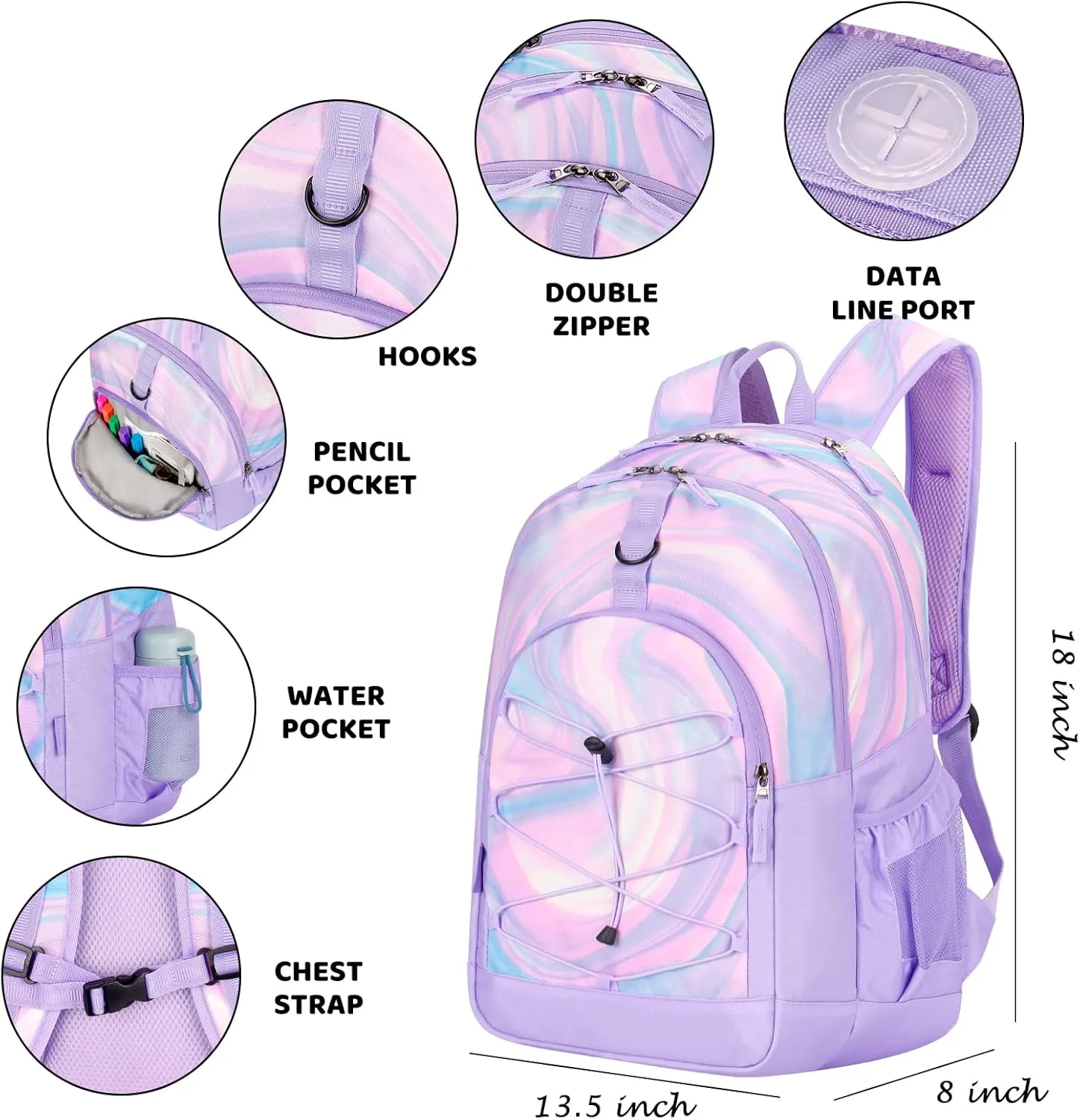 Choco Mocha Purple Backpack for Teen Girls, Travel School Backpack for Girls Middle School Large Bookbag 18 Inch
