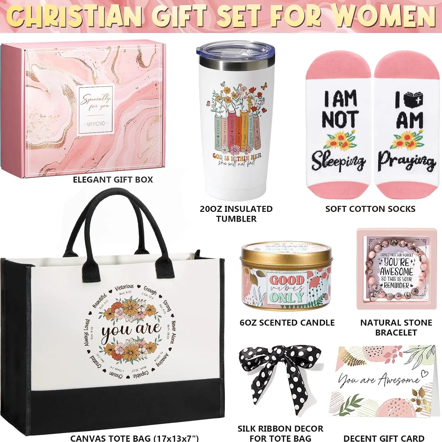 Christian Gifts for Women Faith, Inspirational Religious Gifts for Women, Catholic Spiritual Gifts Unique Mothers Day Birthday Gifts for Mom Women Sister Friends Grandma Coworker w/Canvas Tote Bag