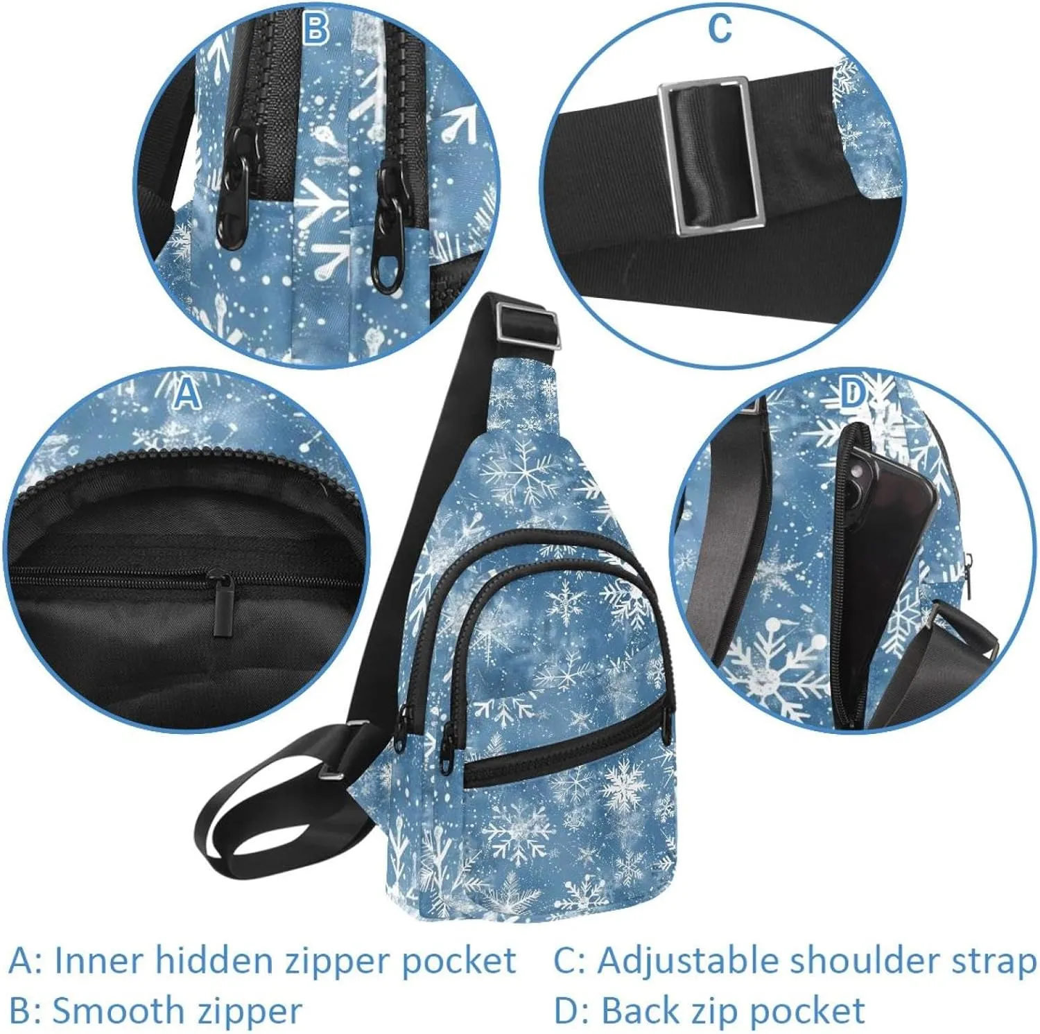 Christmas Snowflakes 8 Sling Backpack, Adjustable Crossbody Shoulder Bag Travel Hiking Daypack
