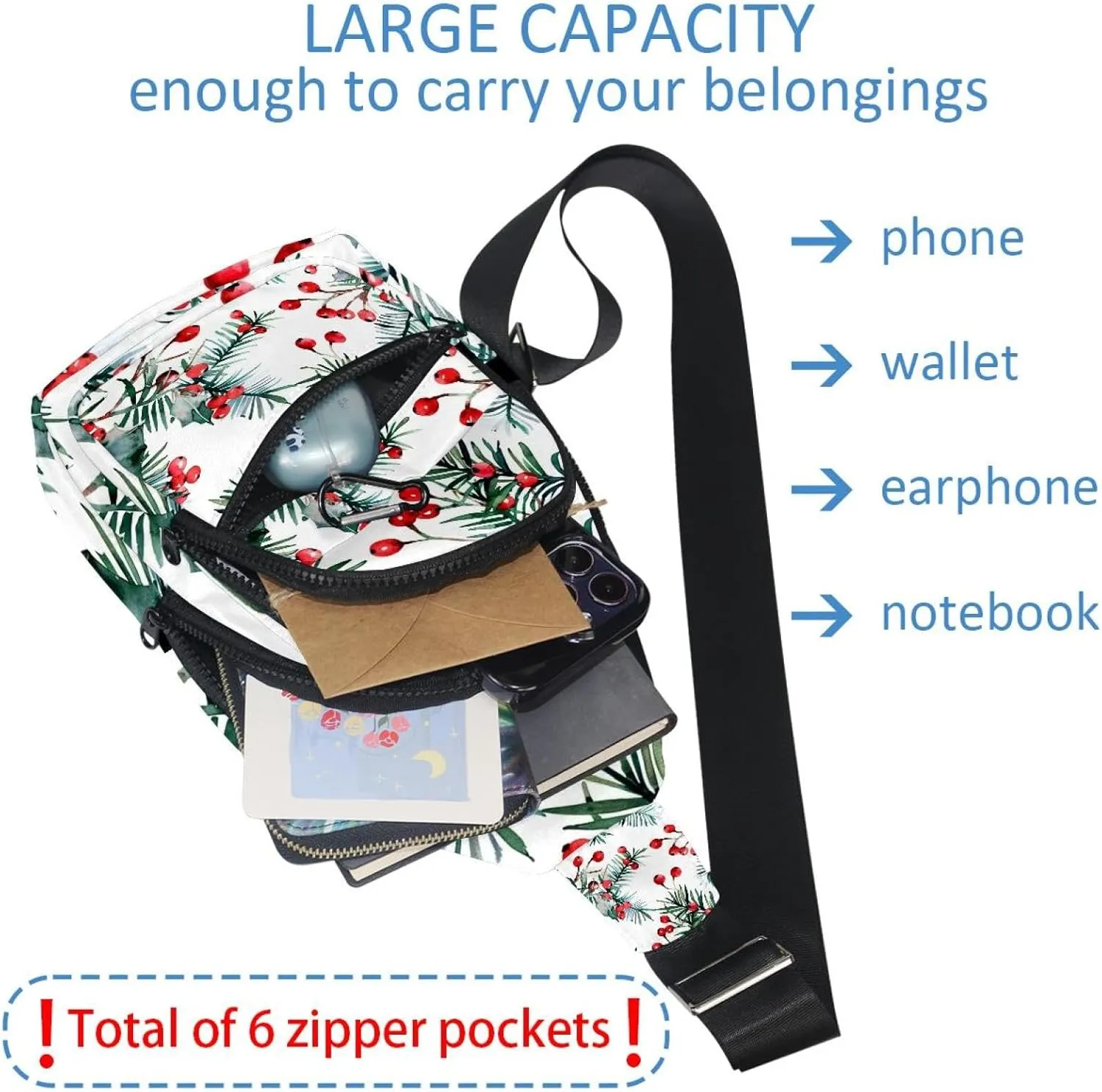 Christmas tree twigs and red holly berries 13 Sling Bag, Crossbody Sling Backpack Travel Hiking Chest Bag Daypack for Purses Shoulder Bag Women Men's