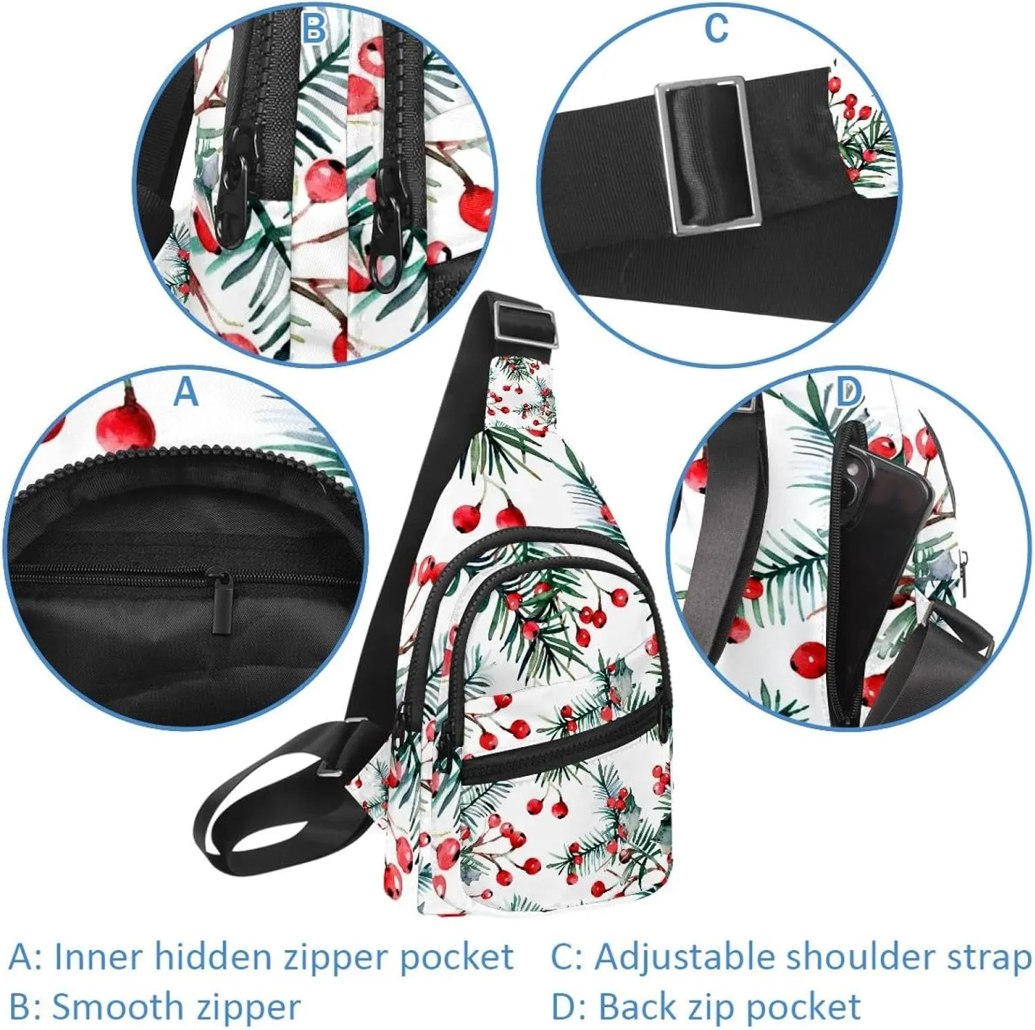 Christmas tree twigs and red holly berries 13 Sling Bag, Crossbody Sling Backpack Travel Hiking Chest Bag Daypack for Purses Shoulder Bag Women Men's