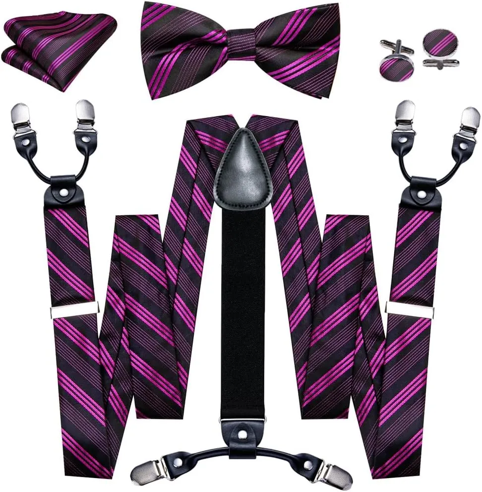 Classic Stripe Men Suspenders for Pant Exquisite Silk Bowtie Handkerchief Cufflinks Set Designer Party Wedding