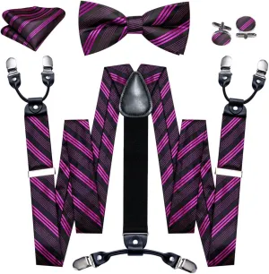 Classic Stripe Men Suspenders for Pant Exquisite Silk Bowtie Handkerchief Cufflinks Set Designer Party Wedding