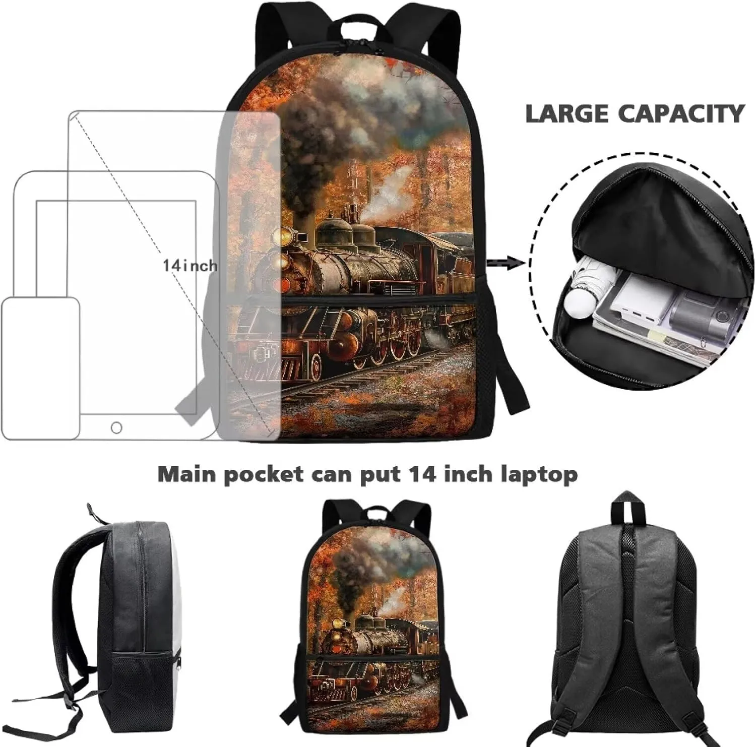 Classic Train Bookbags for 10Th Grade Boys Book Bags for Kids Lightweight Teen Girl Backpack Cute School Backpack for Teens Middle School Backpack Aesthetic Teens Backpack Travel