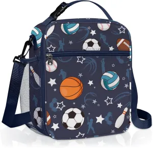 Clastyle Sport Ball Insulated Kids Lunch Bag Blue Large Thermal Cooler Bag for Boy Picnic School Lunch Box Tote,Basketball Football