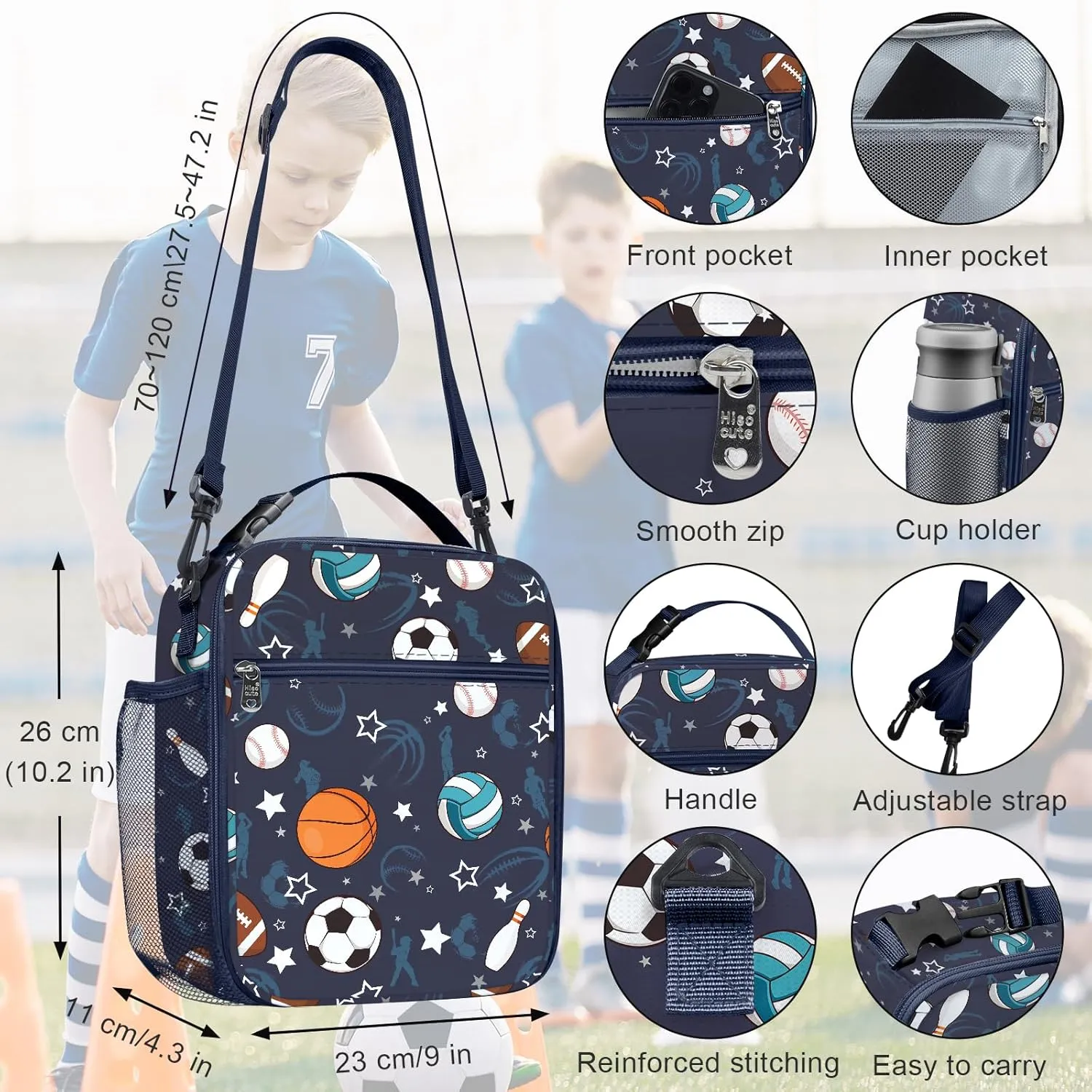 Clastyle Sport Ball Insulated Kids Lunch Bag Blue Large Thermal Cooler Bag for Boy Picnic School Lunch Box Tote,Basketball Football