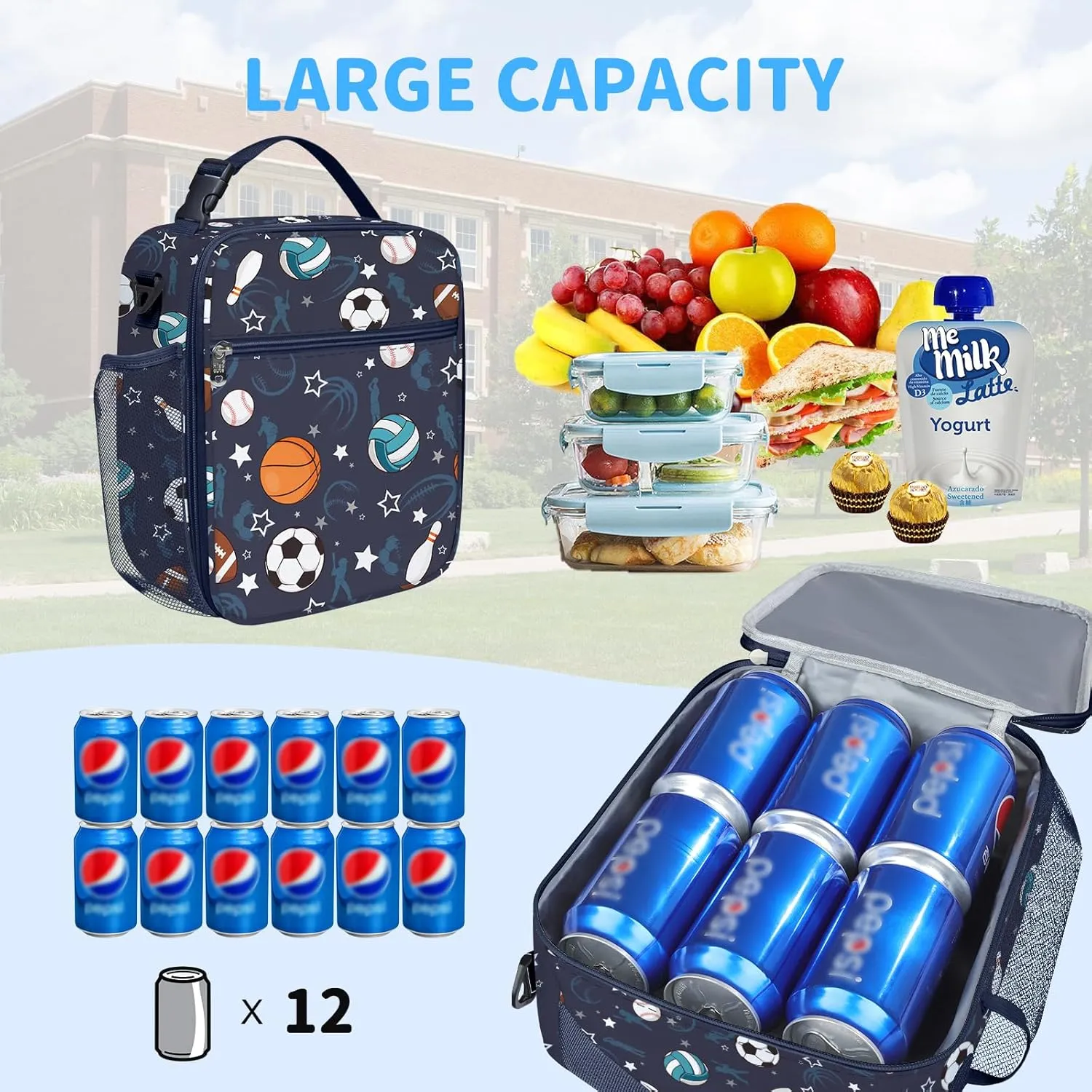 Clastyle Sport Ball Insulated Kids Lunch Bag Blue Large Thermal Cooler Bag for Boy Picnic School Lunch Box Tote,Basketball Football