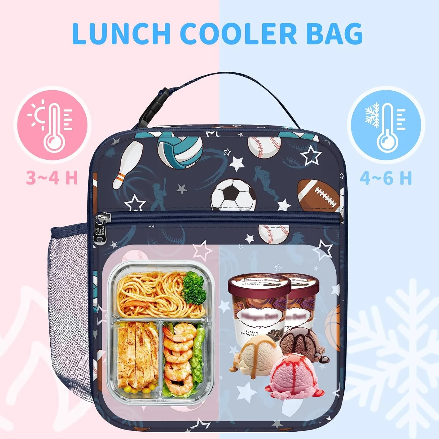 Clastyle Sport Ball Insulated Kids Lunch Bag Blue Large Thermal Cooler Bag for Boy Picnic School Lunch Box Tote,Basketball Football