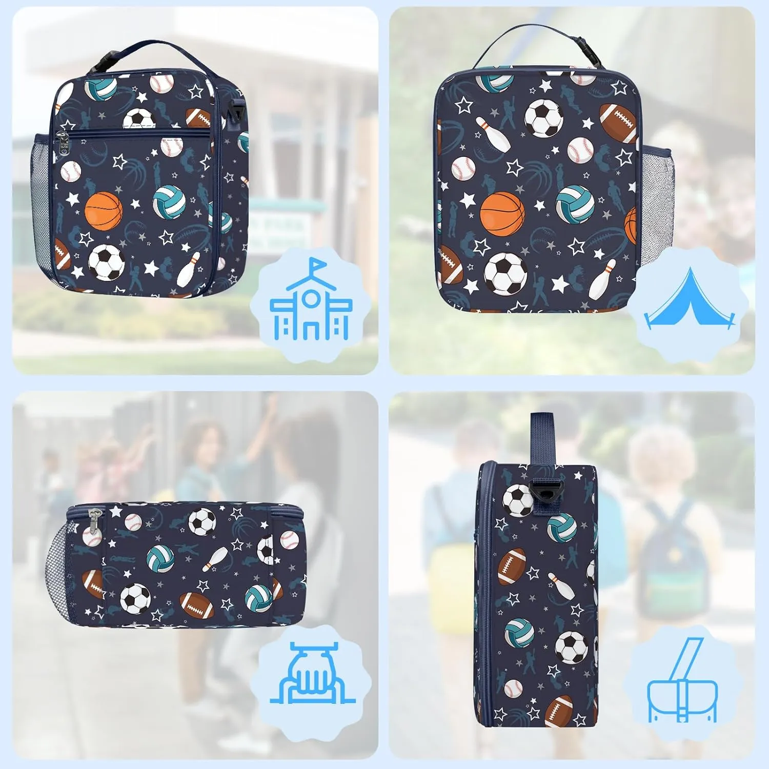 Clastyle Sport Ball Insulated Kids Lunch Bag Blue Large Thermal Cooler Bag for Boy Picnic School Lunch Box Tote,Basketball Football