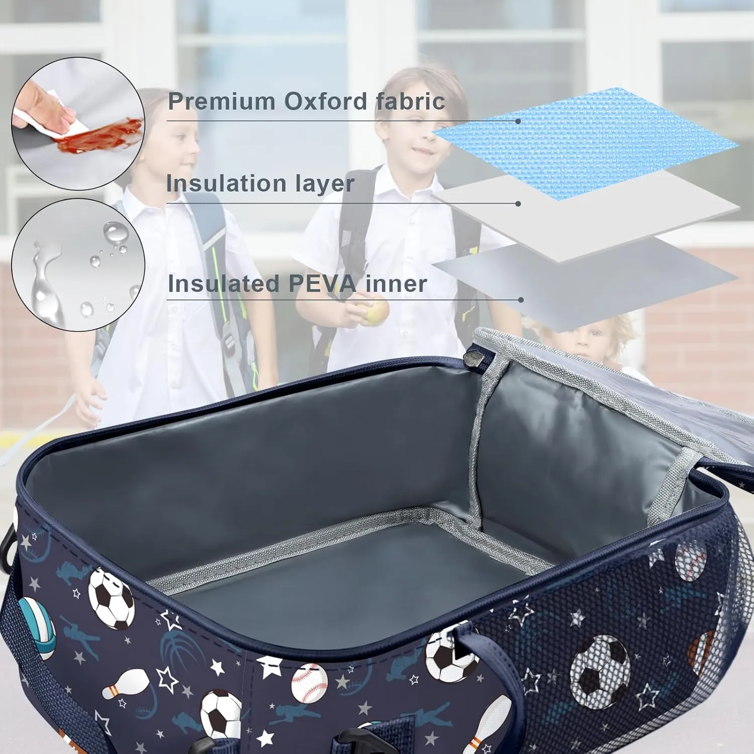 Clastyle Sport Ball Insulated Kids Lunch Bag Blue Large Thermal Cooler Bag for Boy Picnic School Lunch Box Tote,Basketball Football