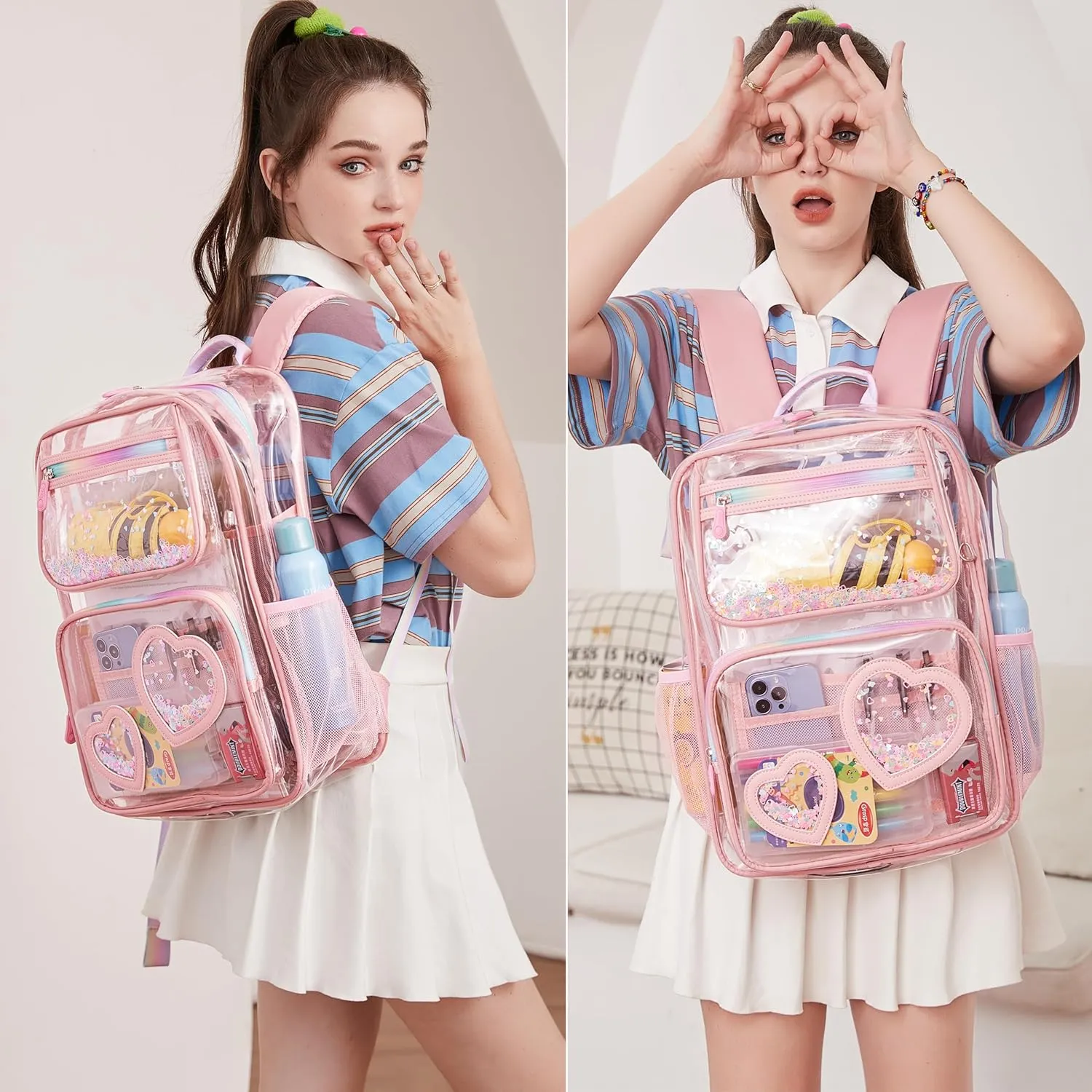 Clear Backpack for Girls Women Transparent Kids Elementary College School Bag Travel Laptop Backpacks Large Bookbags (Pink)
