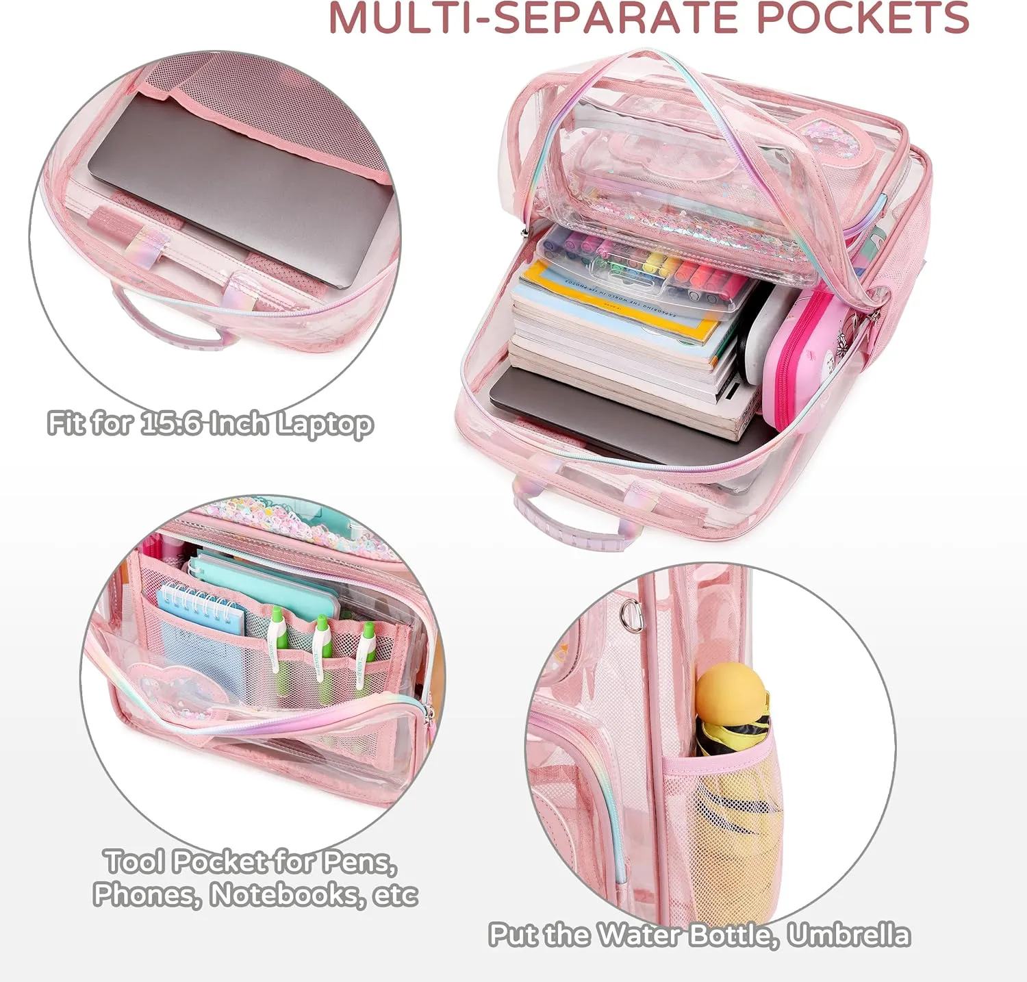 Clear Backpack for Girls Women Transparent Kids Elementary College School Bag Travel Laptop Backpacks Large Bookbags (Pink)