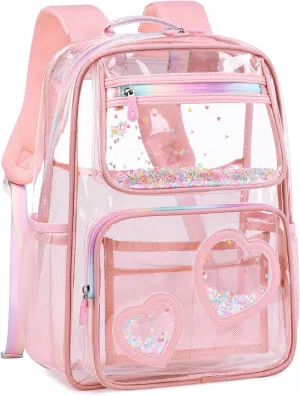Clear Backpack for Girls Women Transparent Kids Elementary College School Bag Travel Laptop Backpacks Large Bookbags (Pink)