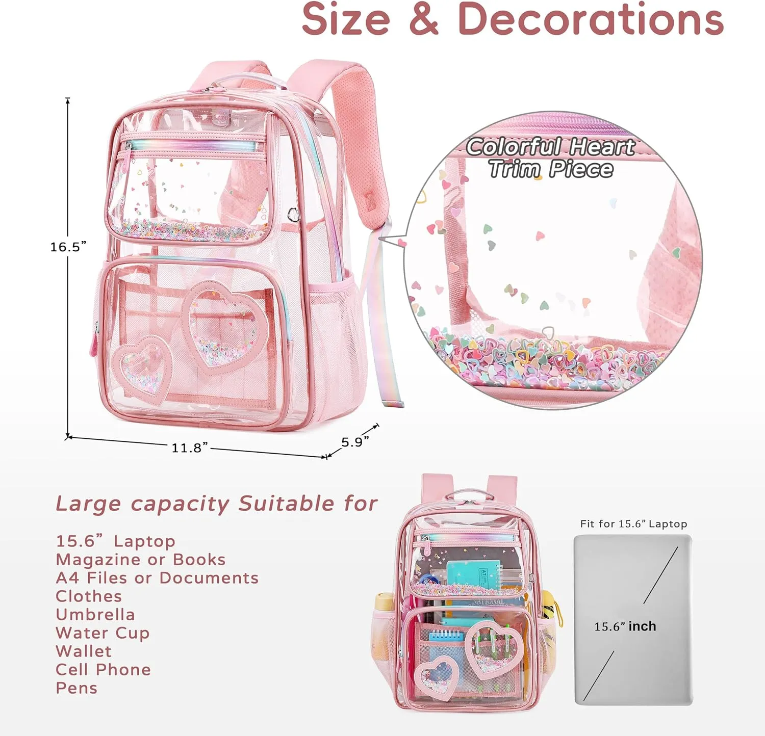 Clear Backpack for Girls Women Transparent Kids Elementary College School Bag Travel Laptop Backpacks Large Bookbags (Pink)