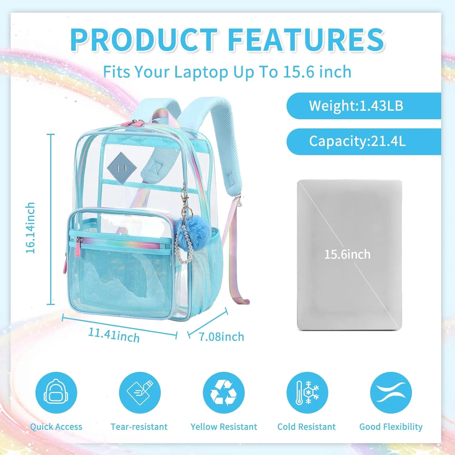 Clear Backpack for School Heavy Duty Transparent Bookbag for Girls Clear Bags See Through Backpack Sport Events Concert Stadium Approved-Blue