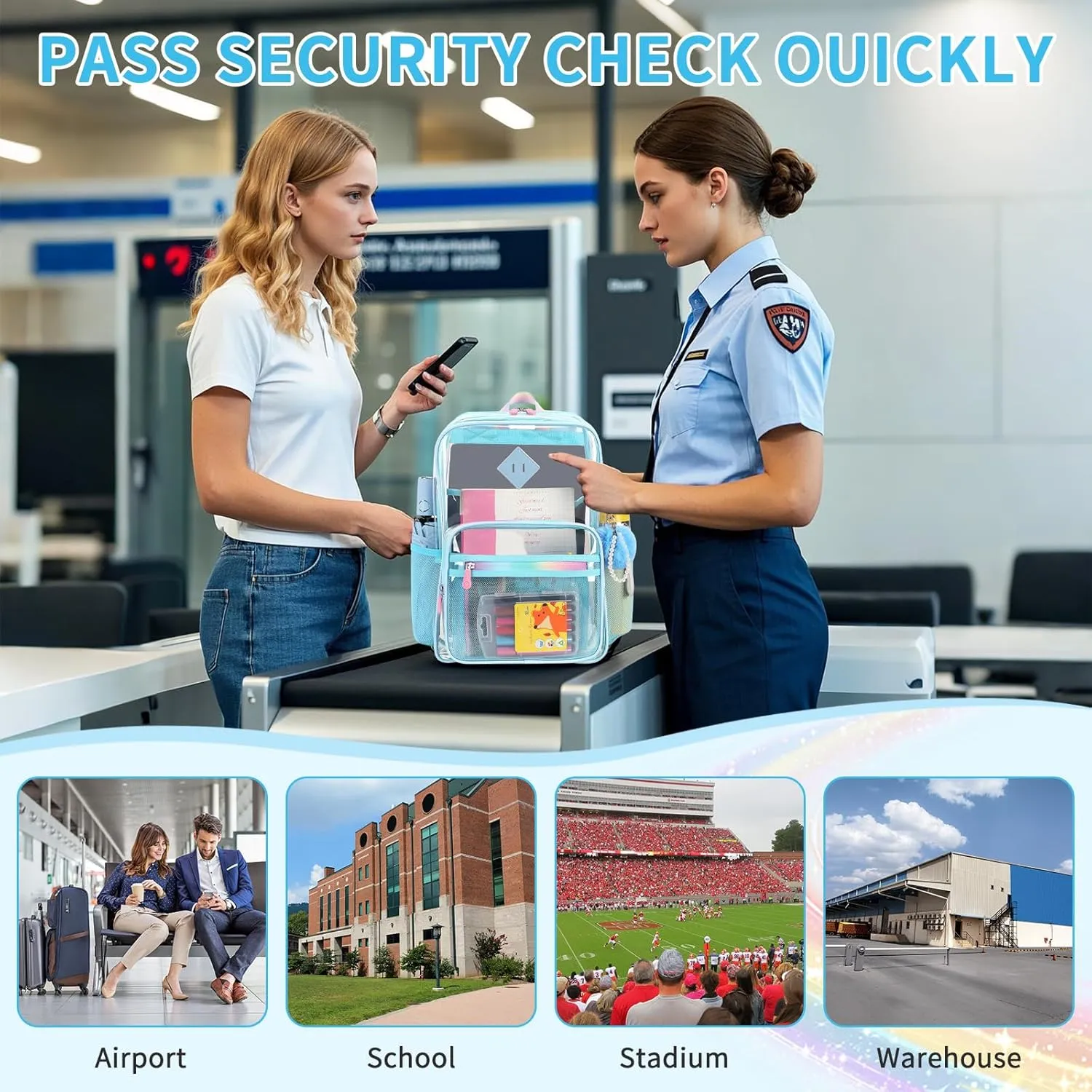 Clear Backpack for School Heavy Duty Transparent Bookbag for Girls Clear Bags See Through Backpack Sport Events Concert Stadium Approved-Blue