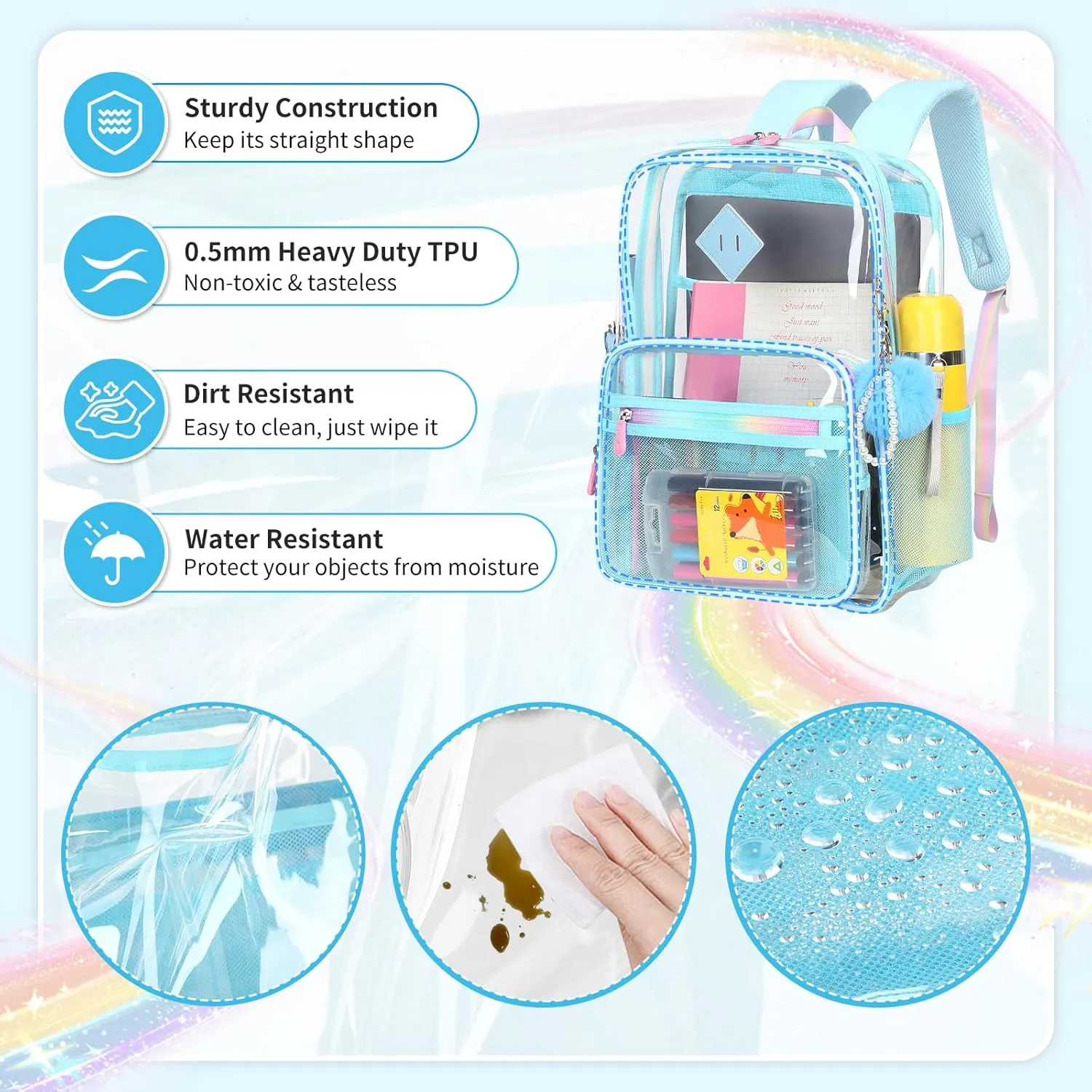 Clear Backpack for School Heavy Duty Transparent Bookbag for Girls Clear Bags See Through Backpack Sport Events Concert Stadium Approved-Blue
