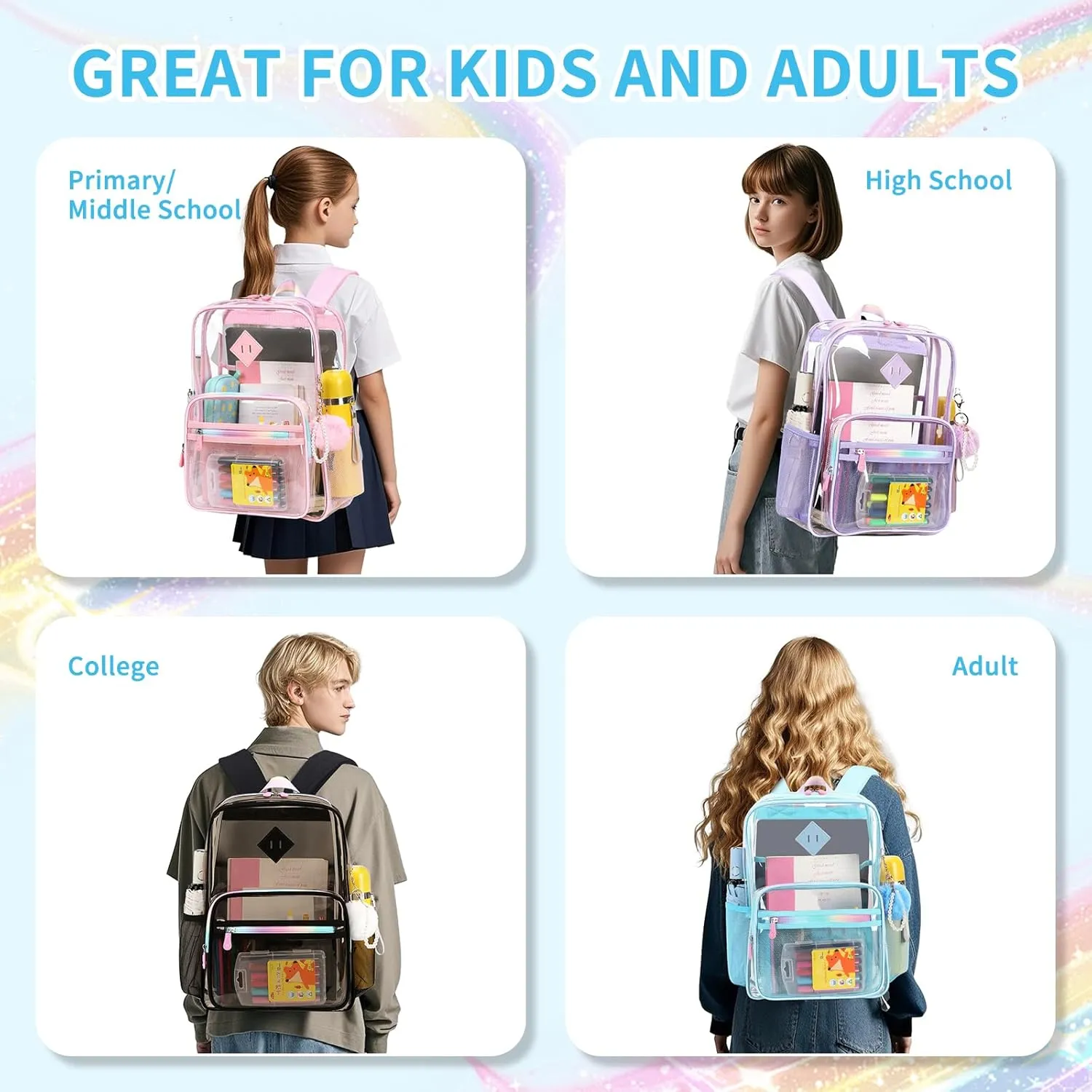 Clear Backpack for School Heavy Duty Transparent Bookbag for Girls Clear Bags See Through Backpack Sport Events Concert Stadium Approved-Blue