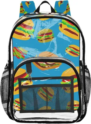 Clear Backpack Women Cute Kids Backpack for Girls See through Shoulder Bag Burgers Blue Food Print