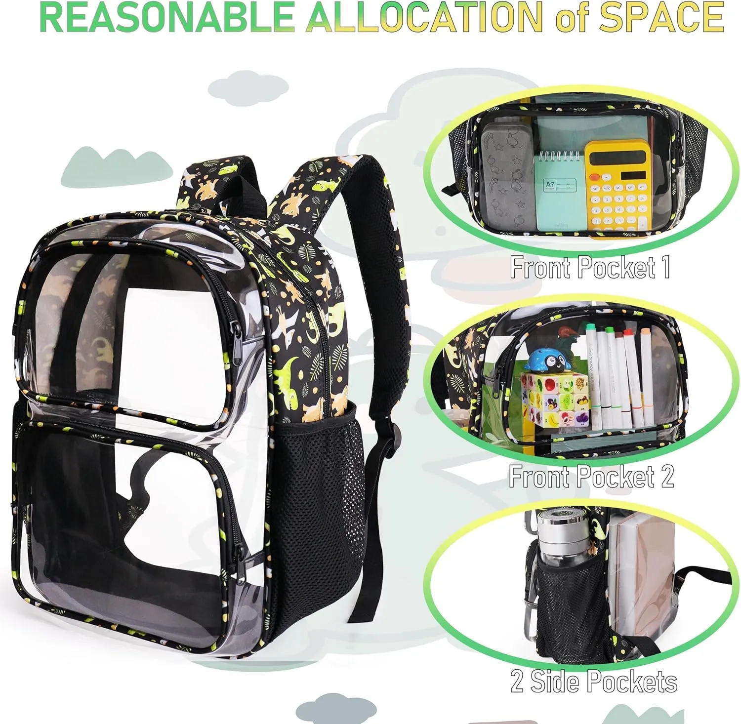 Clear Backpack,16'' Clear Backpack for Boys Heavy Duty School Backpacks See Through Bookbag for Kids 4 to 8,Blue Dinosaur,