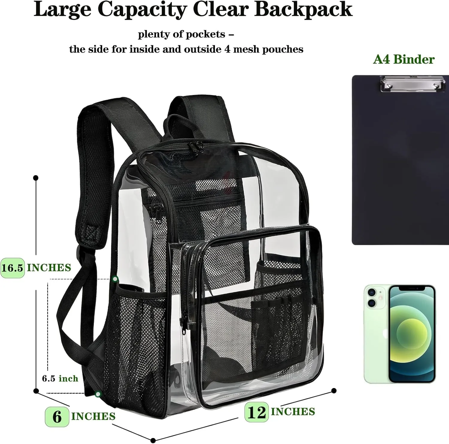 Clear Backpacks for School Large Clear Bookbag with Multi-Pockets PVC Transparent Backpack for College,Work,Yellow