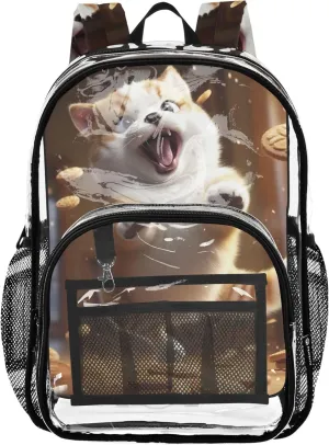 Clear Bag for Women Travel Fat Cat Jumping Funny Girls Backpack Kids Boys See through Shoulder Bag