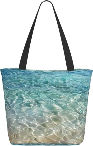 Clear Seawater Print Tote Bag Large Handle Bag Lightweight Shoulder Bag with Zipper for Shopping, School, Work, Travel, Black, One Size, black, Einheitsgröße