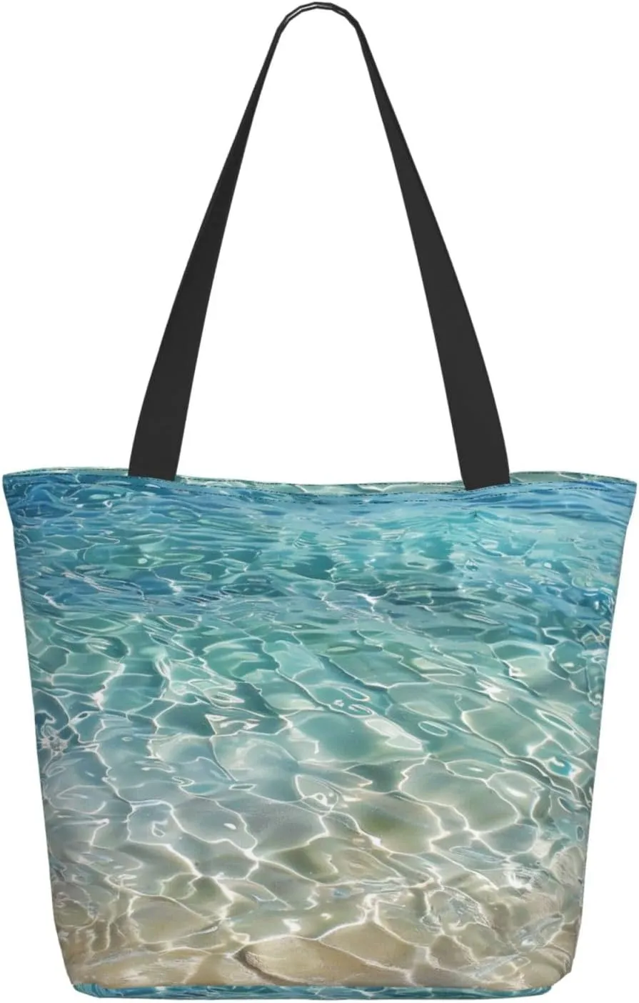 Clear Seawater Print Tote Bag Large Handle Bag Lightweight Shoulder Bag with Zipper for Shopping, School, Work, Travel, Black, One Size, black, Einheitsgröße