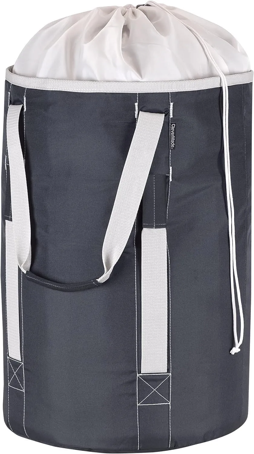 CleverMade Laundry Backpack Duffel Bag Tote with Shoulder Straps - Extra Large Capacity Clothes Hamper with Drawstring Top Closure Lid, Charcoal/Cream (Pack of 4)