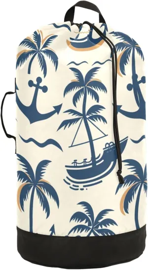 Coconut Palm Spear Boat Laundry Backpack Bag with Drawstring Closure Waterproof Laundry Bag Laundry Hamper Clothes Storage for Travel Laundromat Apartment