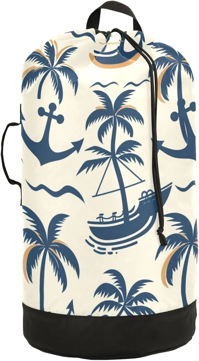 Coconut Palm Spear Boat Laundry Backpack Bag with Drawstring Closure Waterproof Laundry Bag Laundry Hamper Clothes Storage for Travel Laundromat Apartment
