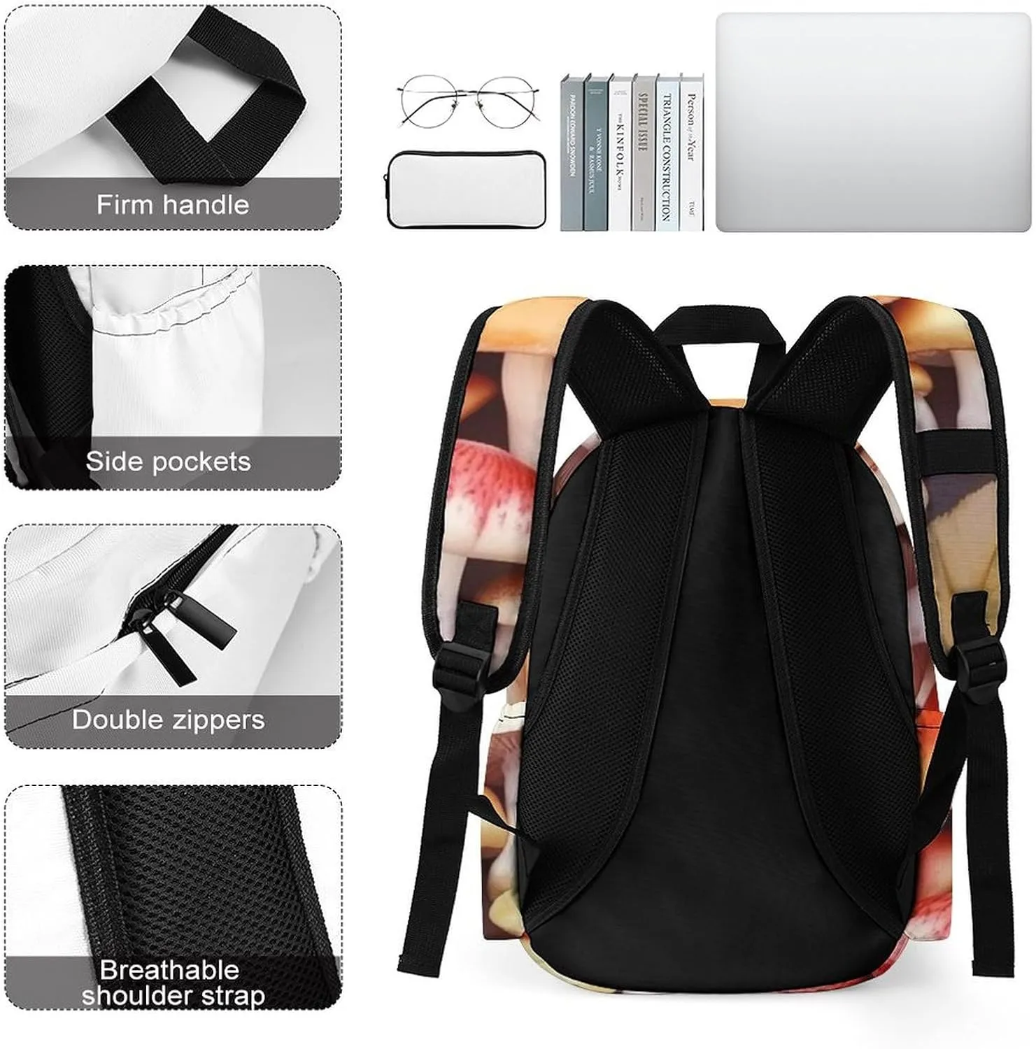 Colored Mushrooms Print Laptop Backpacks Casual Shoulder Bag Travel Daypack Fashion for Men Women