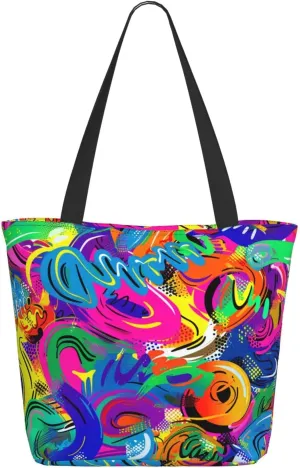 Colorful Spray Pattern Large Tote Bag Lightweight Zipped Shoulder Bag Shopping School Work Travel Black One Size, black, Einheitsgröße