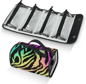 Colorful Zebra Print Travel Toiletry Bag for Women, 4 in 1 Roll Up Makeup Cosmetic Bag With 4 Removable PVC Zipper Pouch