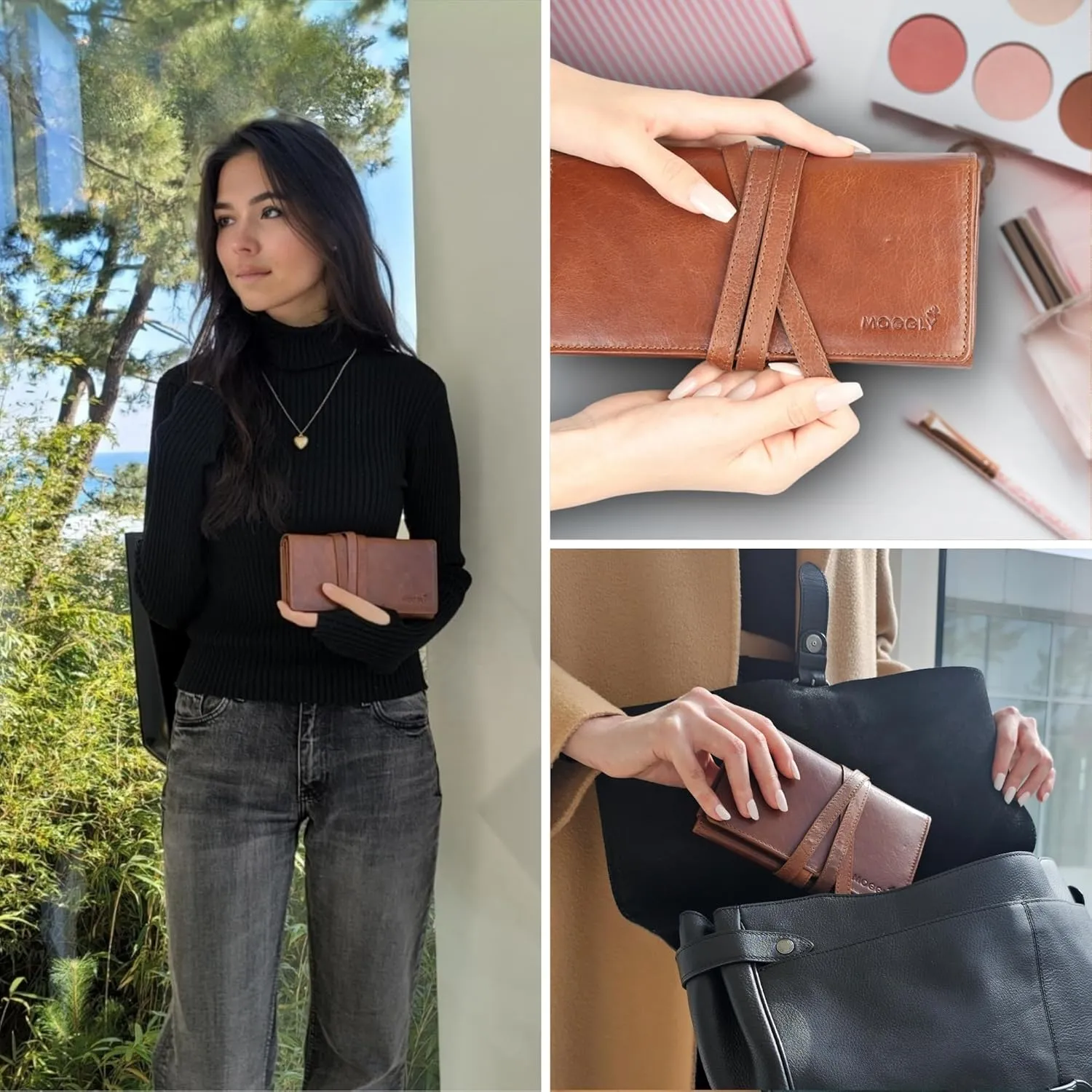 Compact Foldable Travel Jewelry Case - Genuine Cowhide Leather, Tangle-Free Slots for Necklace, Earring, Ring - Wallet-Sized Holder for Jewelry & Accessories
