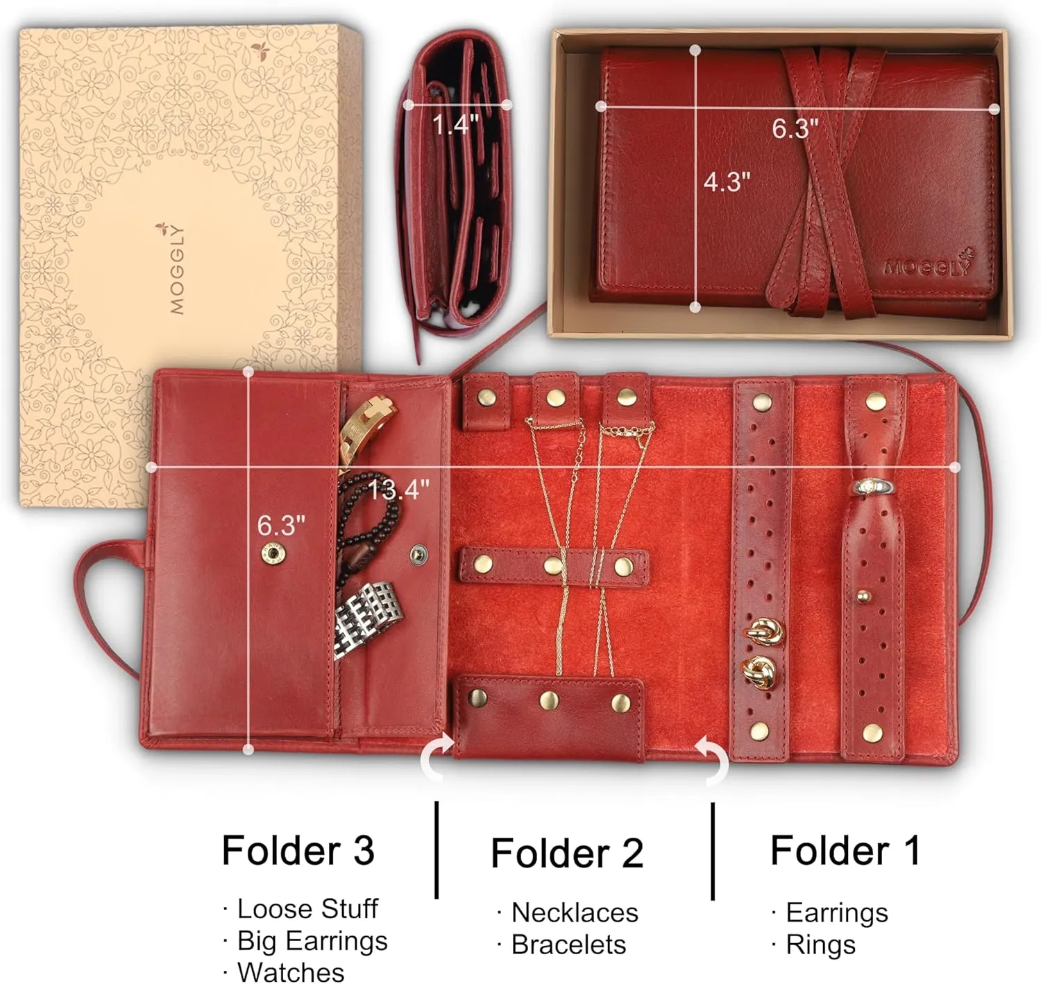 Compact Foldable Travel Jewelry Case - Genuine Cowhide Leather, Tangle-Free Slots for Necklace, Earring, Ring - Wallet-Sized Holder for Jewelry & Accessories