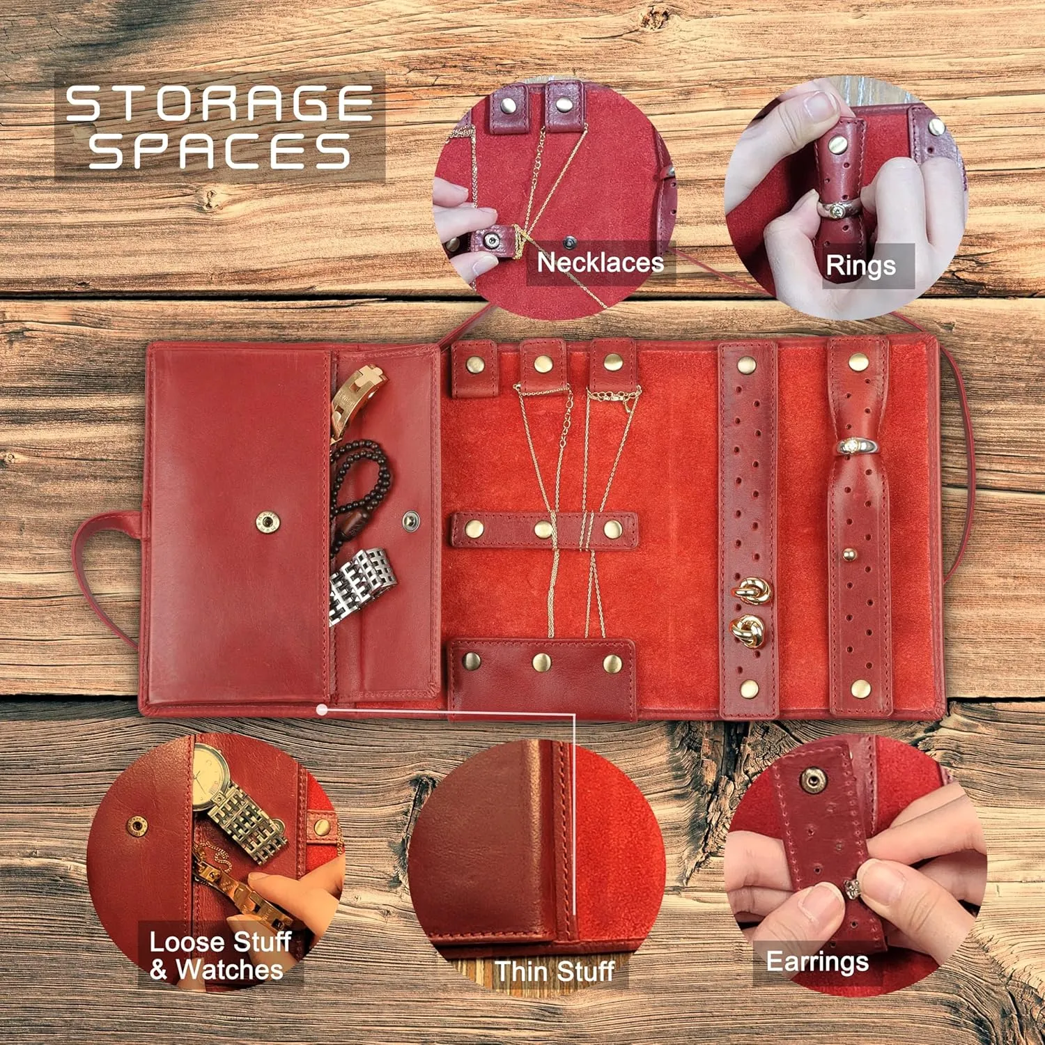 Compact Foldable Travel Jewelry Case - Genuine Cowhide Leather, Tangle-Free Slots for Necklace, Earring, Ring - Wallet-Sized Holder for Jewelry & Accessories