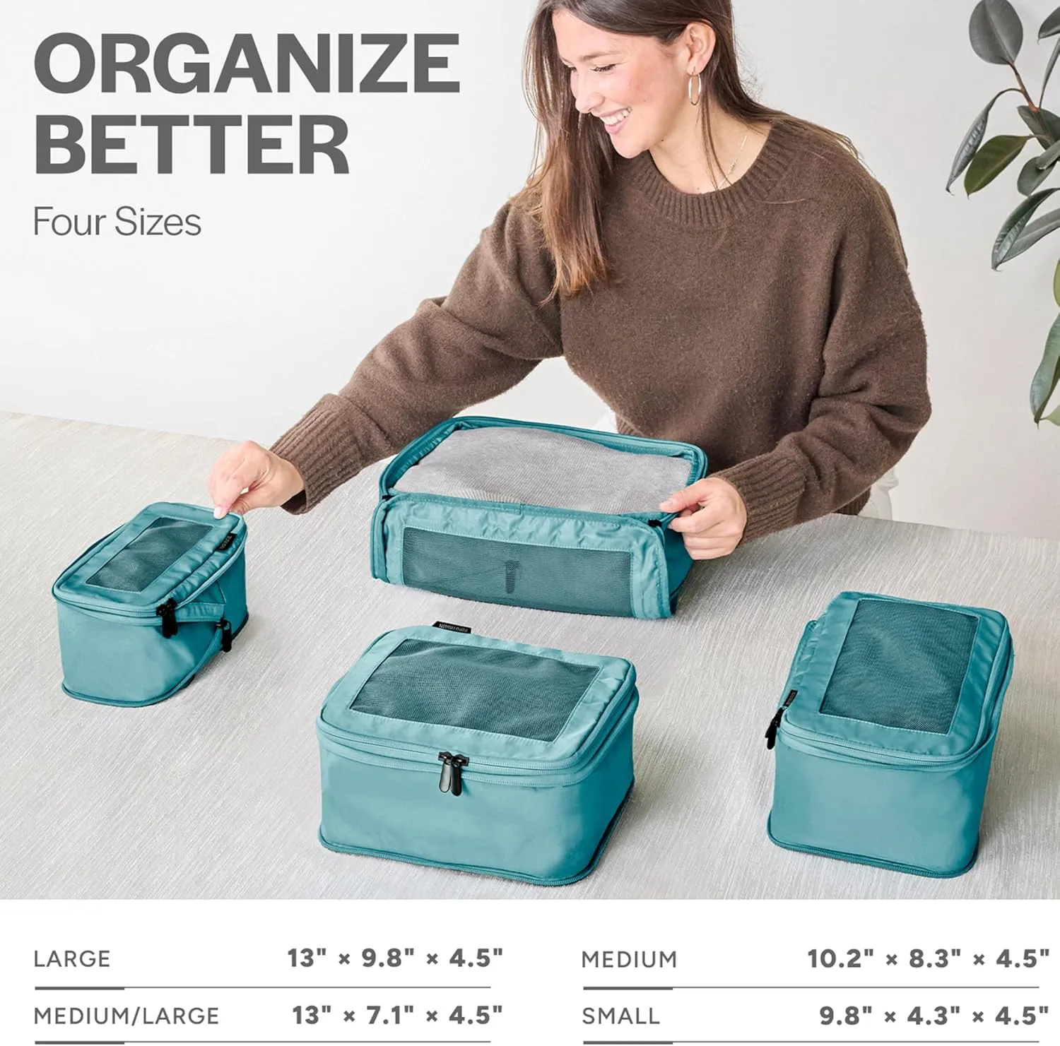 Compression Packing Cubes for Travel - Luggage Organizer Bags - Double Zipper Packing Cubes for Suitcases (4-Pack, Teal)