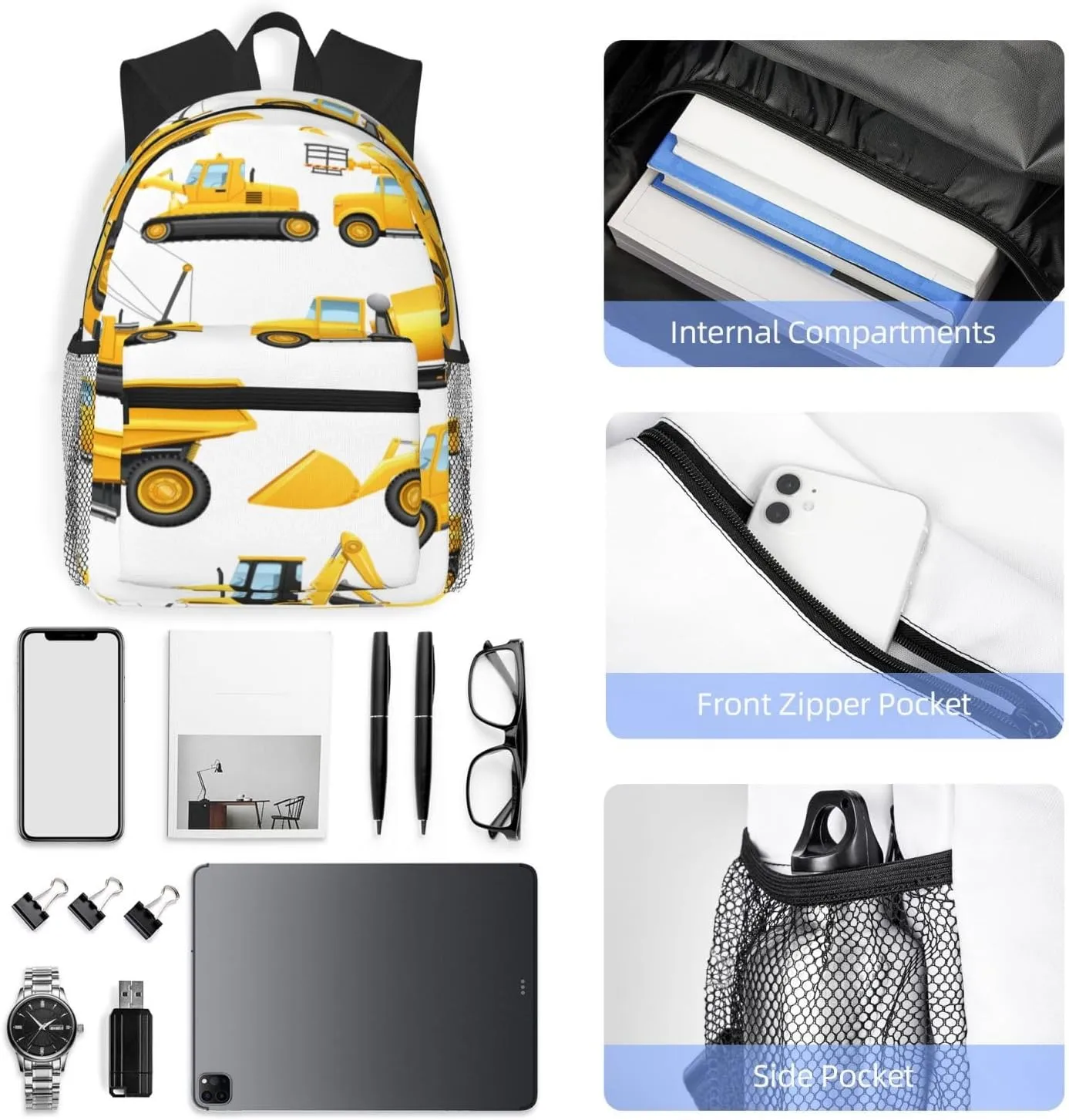 Construction Trucks Crane Bulldozer Backpack, Travel Laptop Backpack Computer Bag Rucksack for Men Women Business Work Fits 15.6 Inch Notebook