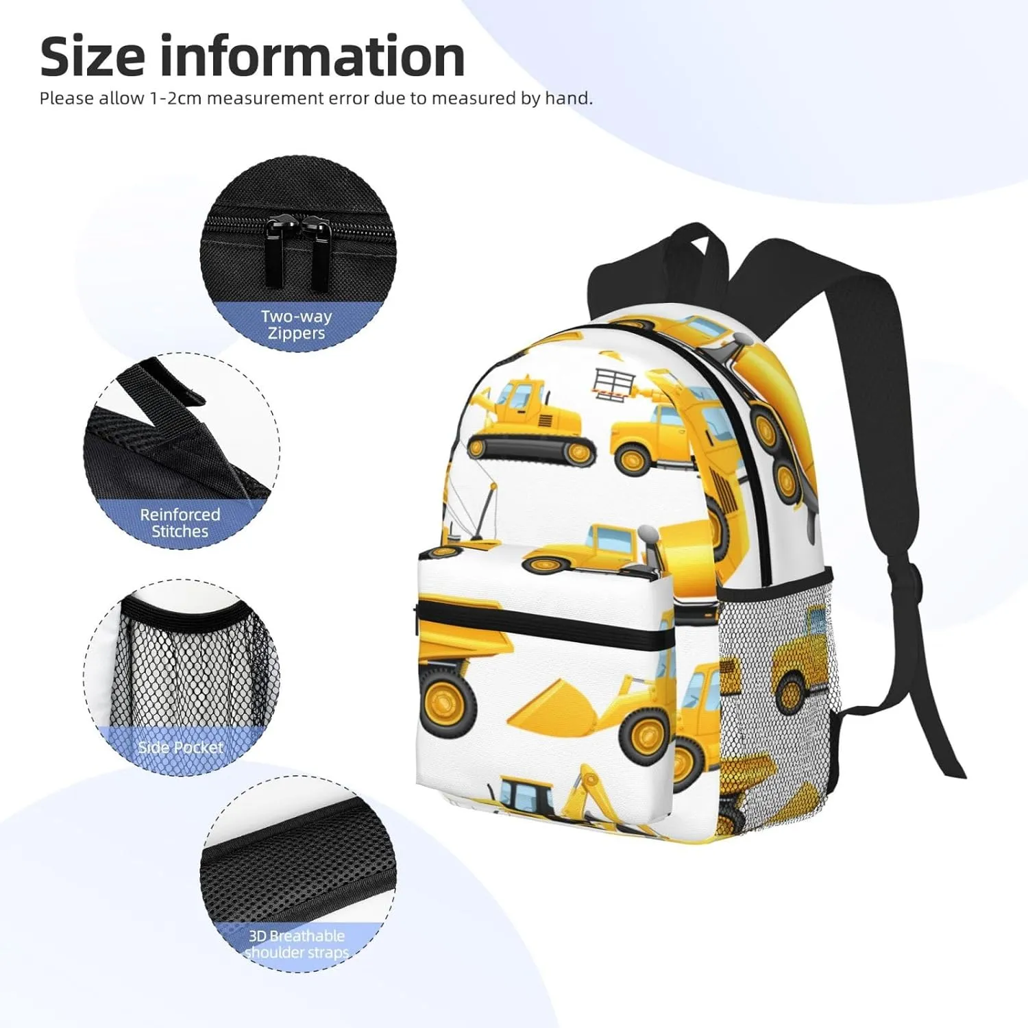 Construction Trucks Crane Bulldozer Backpack, Travel Laptop Backpack Computer Bag Rucksack for Men Women Business Work Fits 15.6 Inch Notebook